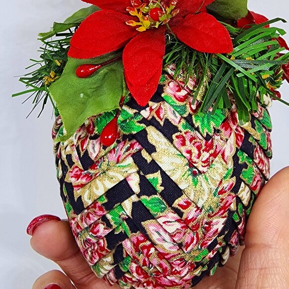 VTG Huge Handmade Herringbone Cloth Navy Pink Gold Christmas Holiday Ornament - Picture 3 of 12